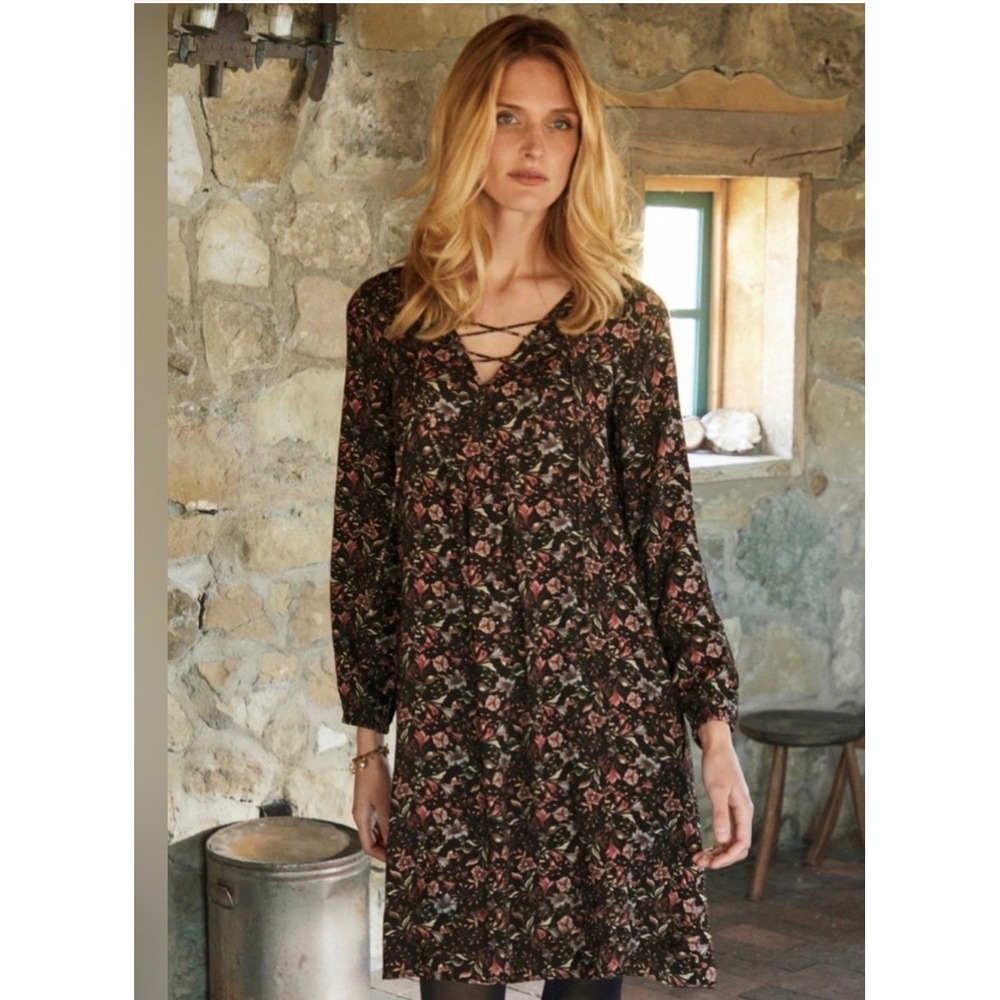 PERUVIAN CONNECTION Amazon Flora Tunic Dress‎ Black Large NEW Floral Boho Casual